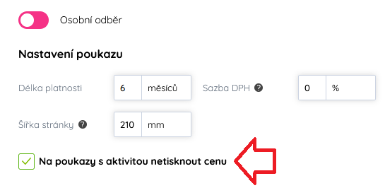 Nastavení: netisknout cenu na poukazy s aktivitou
